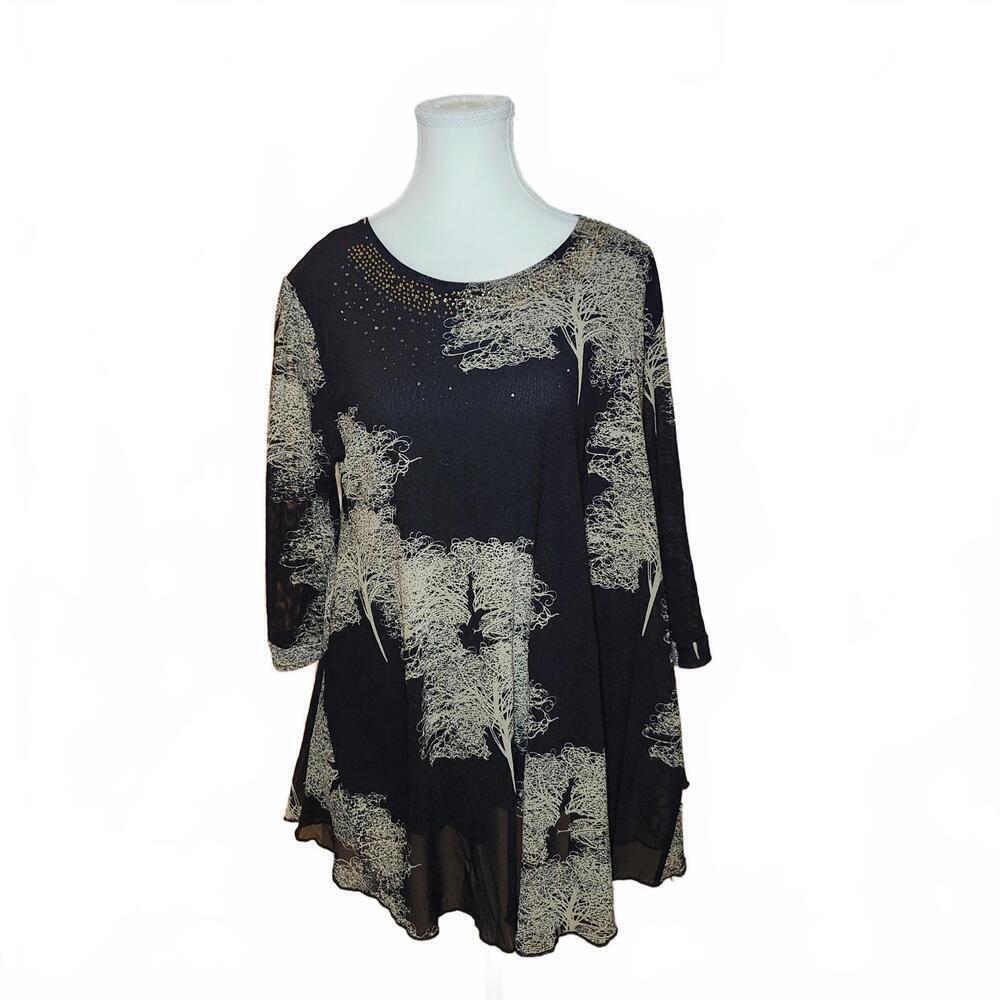 Quali style Women's Size 3XL Black and Beige Tree Print Tunic Top